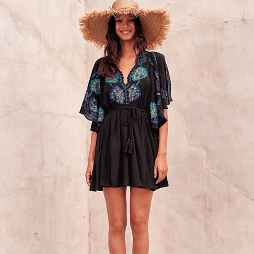 Free People Black Mini Dress with Blue-Green Floral Embroidery